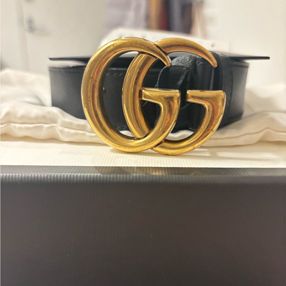 Gucci GG Marmot wide Black Belt with Gold buckle